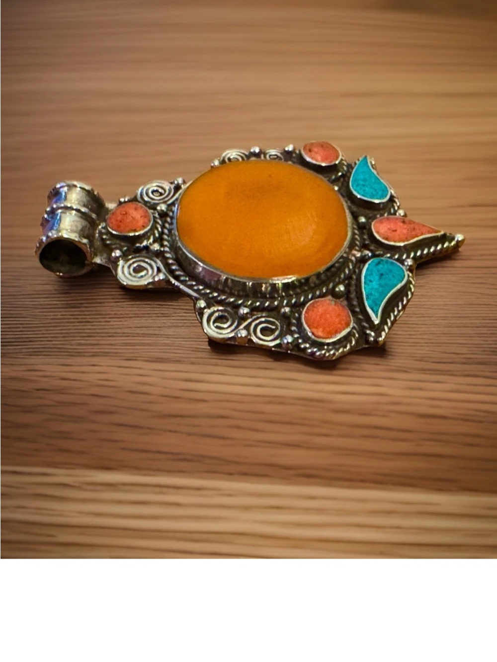 Handcrafted Ethnic Tibetan Amber Resin & Stones Pendant Set In Silver,3”in,30gr - Picture 5 of 8